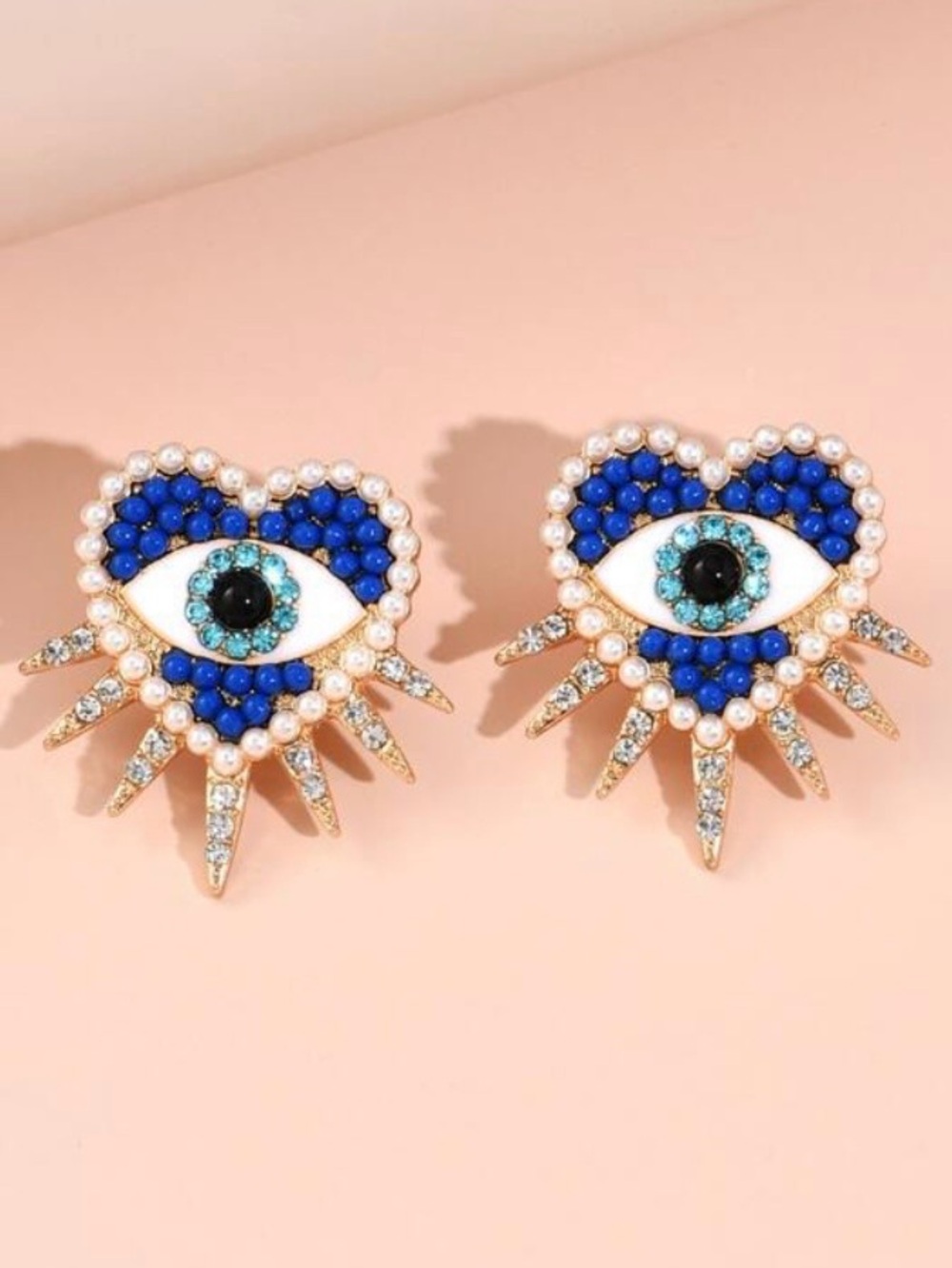 Beaded Gold Blue Heart Evil Eye Pearl & Crystal Stud Earrings - Picture 2 of 2